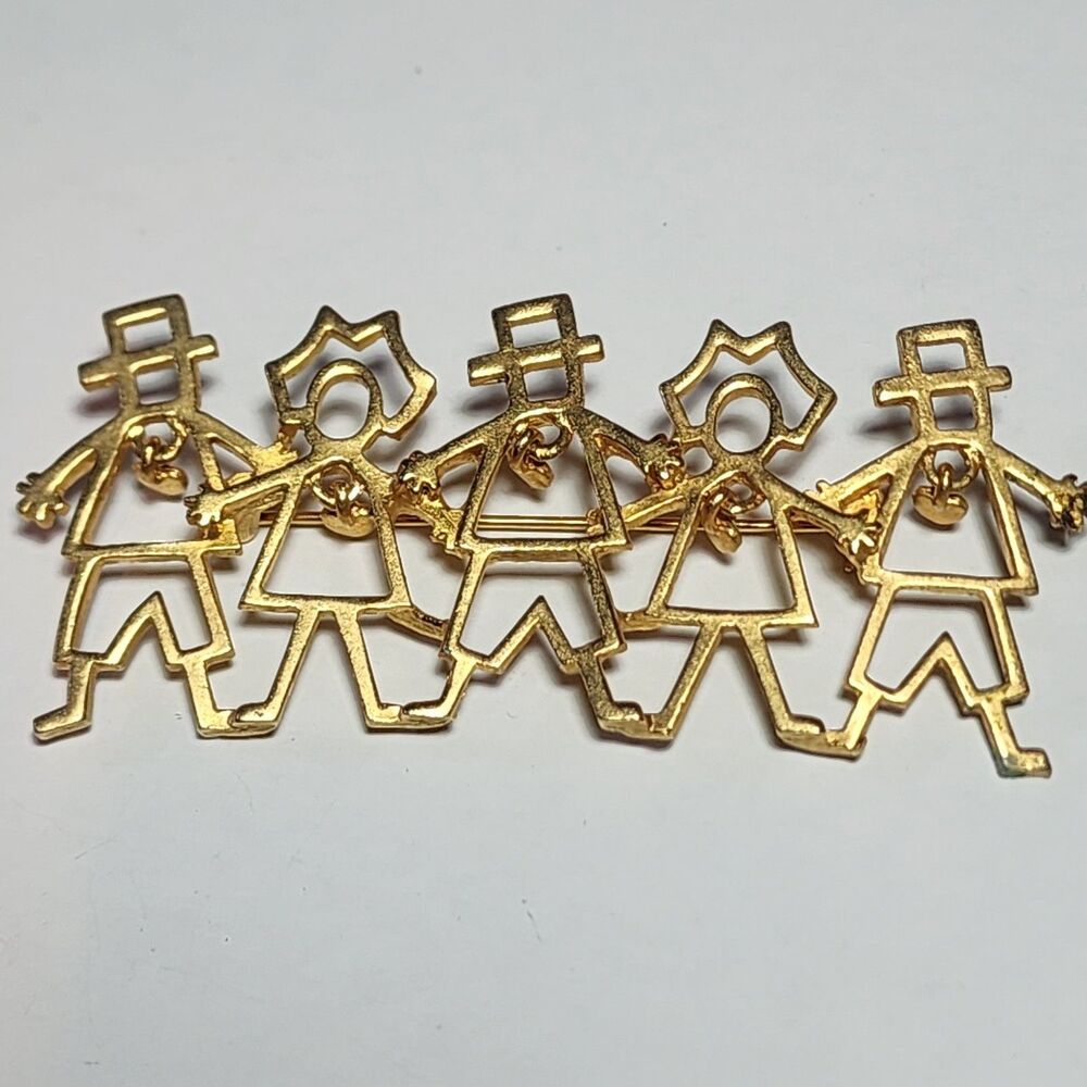 Vintage AJC People Holding Hands Unity Brooch Pin Gold Tone Dangling Hearts.